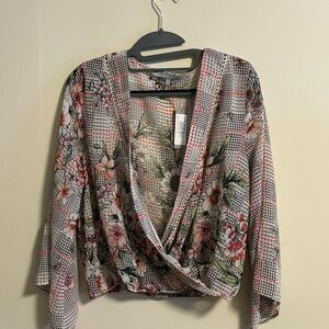 Sweet Rain Floral Plaid Surplice Blouse in Pink & Green